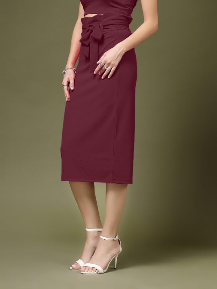OOMPH! Lycra Pencil Skirt with Belt for Women Purple - msk116