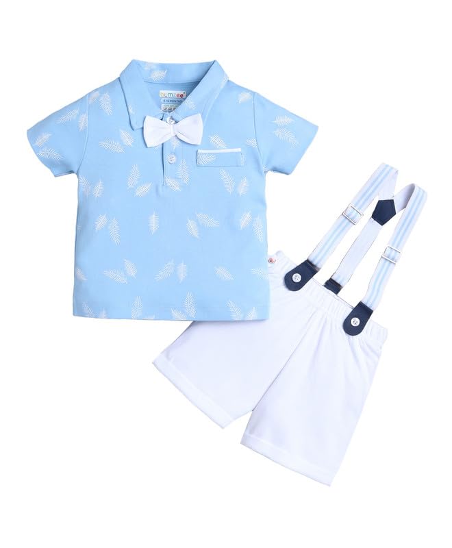 BUMZEE Boys Cotton Collar Neck Half Sleeves Graphic Print T-Shirt & Short Set With Applique Bow Suspender Sky Blue & White - 2-3