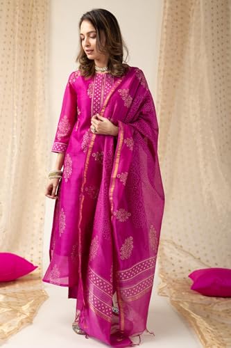 GoSriKi Women's Printed Kurta Set with Trousers & Dupatta, XL, Pink, Model MANGAI PINK-GS