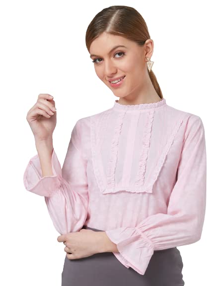 Style Quotient Women Self Design Floral Powder Pink Cotton Regular Smart Casual Top