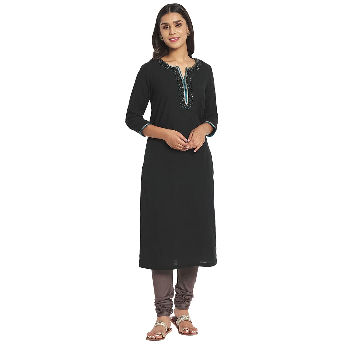 Fabindia Women Cotton Embroidered Long Kurta Black_Xs