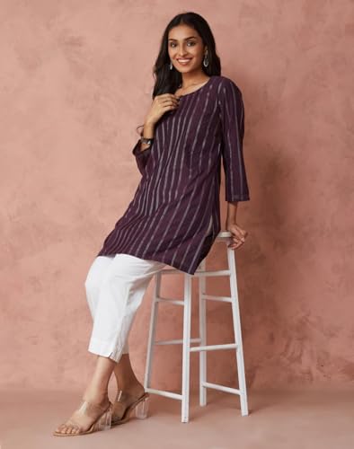 Fabindia WomenS Cotton Blend Striped Regular Kurta (1039394Purple_Purple