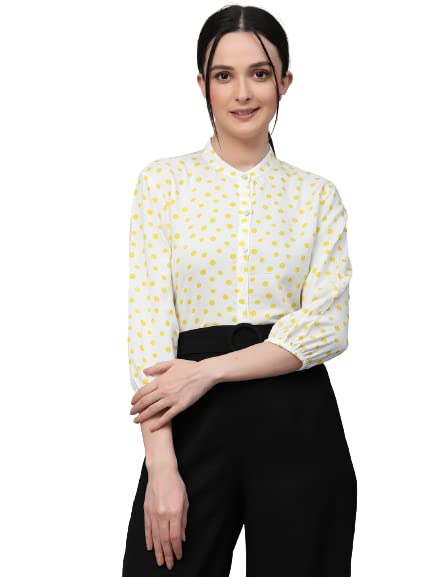 Style Quotient Women White and Yellow Polka Dot Rayon Regular Smart Casual Shirt