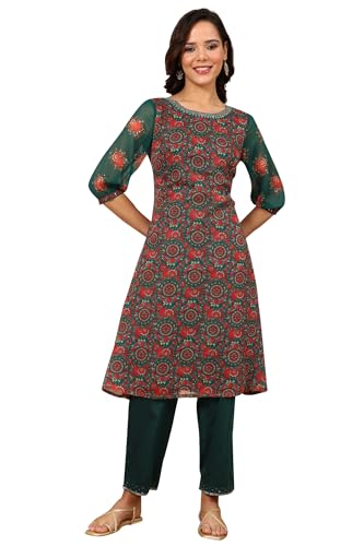 W for Woman Green Floral Printed Dori Embroidered Chiffon Kurta with Attached Lining