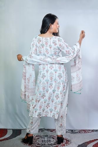 Pinkmint Kurta & Pant With Dupatta Set For Women  V  Neck Printed Straight Kurta Set Off White