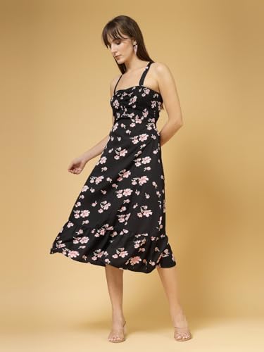 OOMPH! Womens Western & Fusion wear Printed Crepe Dress for Women, Smocked Bodice, Black - md1029