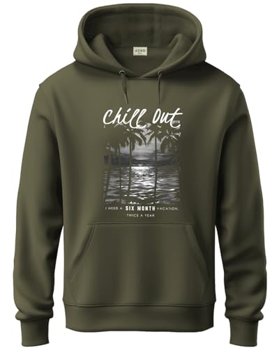 ADRO Men's Cotton Blend Neck Hooded Sweatshirt (H24-CHILL-OL_Olive
