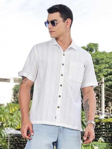 Thomas Scott Mens | Stripes | Seer Sucker Fabric | Spread Collar | Half Sleeve | Casual | Shirts for Men White