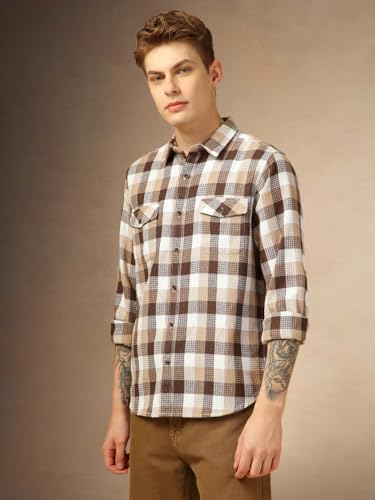 Dennis Lingo Men Relaxed Fit Cotton Full Sleeves Checks Casual Shirts Brown