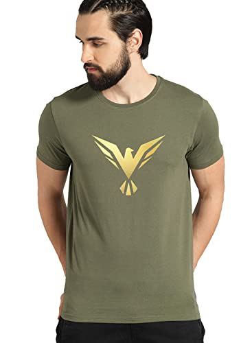 ADRO Men's Bird Gold Printed Cotton T-Shirt (RN23-GL-BIR-OL_Olive_XL)