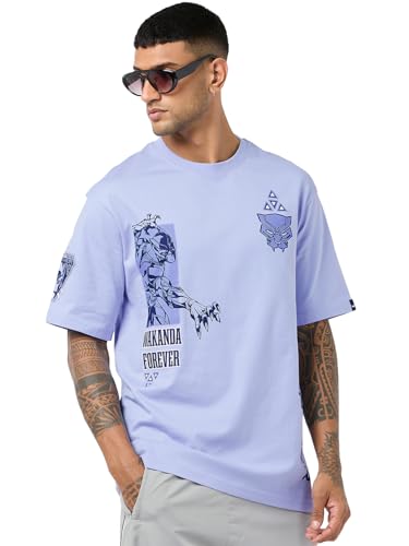 Bewakoof Official Dc Merchandise Black Panther MenS Graphic Print Oversized Fit Half Sleeve Round Neck Cotton T-Shirt_690771_Pur