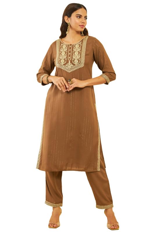 Soch Womens Brown Rayon Embroidered Straight Kurta Set with Sequin Embellishments
