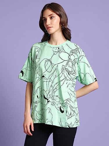 Bewakoof X Official Looney Tunes Merchandise Womens All Over Printed 100% Cotton T-Shirt - Oversized Fit, Round Neck, Half Slee