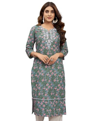 Sanisa Women's Cotton Floral Printed Chikankari Embroidered Straight Kurti