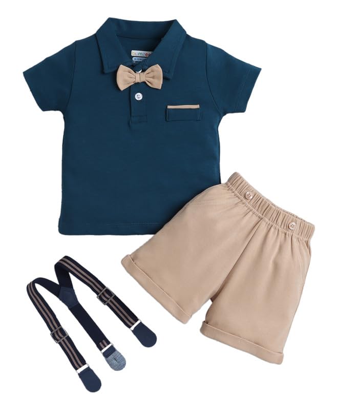 BUMZEE Boys Cotton Collar Neck Half Sleeves Solid T-Shirt & Short Set With Applique Bow Suspender Teal & Beige - 2-3 Years (Peb1