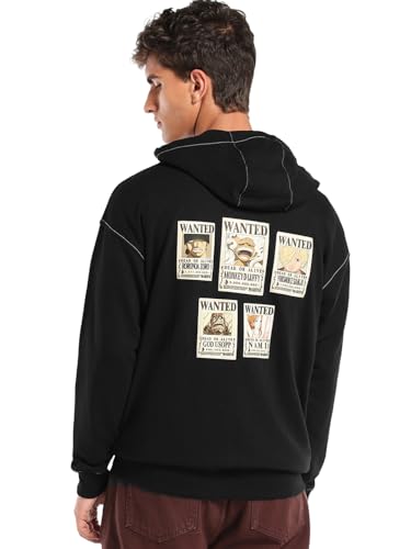 Bewakoof Official One Piece Merchandise Straw Hat Pirates MenS Applique Oversized Fit Full Sleeve Terry Hoodies_682749_Black_Xl