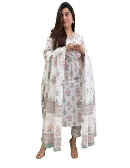 Pinkmint Kurta & Pant With Dupatta Set For Women  V  Neck Printed Straight Kurta Set Off White