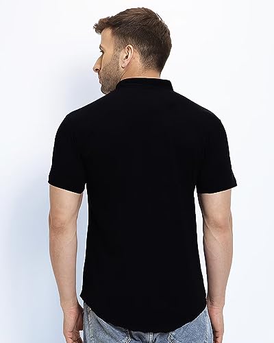 EYEBOGLER Mens Cotton Blend Henley Neck Half Sleeve Solid Button Style Tshirt Black