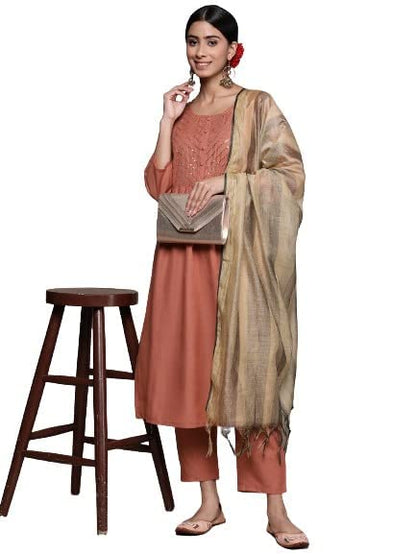 anubhutee Women's Viscose Rayon Rust Ethnic Motifs Self Design Straight Kurta Suit Set With Pants And Dupatta
