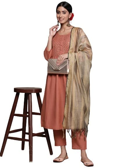 anubhutee Women's Viscose Rayon Rust Ethnic Motifs Self Design Straight Kurta Suit Set With Pants And Dupatta