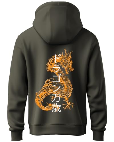 ADRO Mens Hoodies with Hail The Dragon Puff Backside Printed, 100% Cotton 340GSM. (H23-M-DRA-OL_Olive_XL)