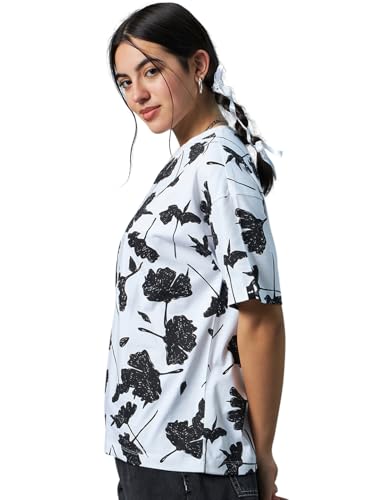 Bewakoof Womens All Over Printed Oversized Fit Half Sleeve Round Neck Cotton T-Shirt_615052_White_2XL