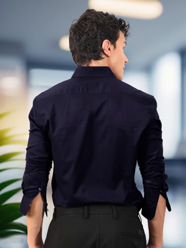 Pinkmint Mens Long Sleeve Button Down Dark Blue Shirt for Men Collared Casual Formal Soild Shirt