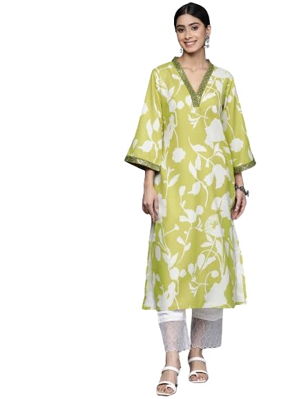 Varanga Women Lime Green Floral Printed V-Neck Kurta With Three Quarter Bell Sleeves - Comfortable Cotton Ethnic Kurti Set For W