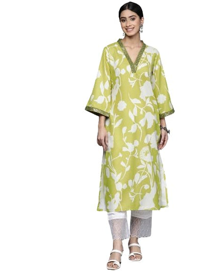 Varanga Women Lime Green Floral Printed V-Neck Kurta With Three Quarter Bell Sleeves - Comfortable Cotton Ethnic Kurti Set For W