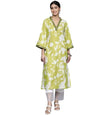 Varanga Women Lime Green Floral Printed V-Neck Kurta With Three Quarter Bell Sleeves - Comfortable Cotton Ethnic Kurti Set For W