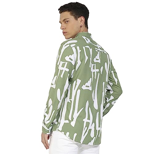 Campus Sutra Mens Sage Green Abstract Print Shirt for Casual Wear | Spread Collar | Long Sleeve | Button Closure | Heavy Rayon