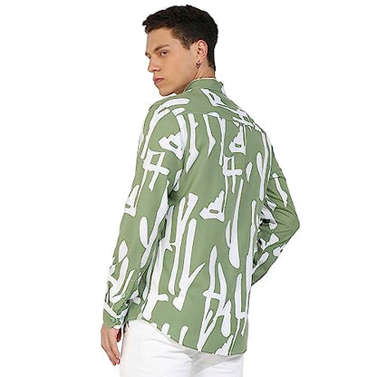 Campus Sutra Mens Sage Green Abstract Print Shirt for Casual Wear | Spread Collar | Long Sleeve | Button Closure | Heavy Rayon
