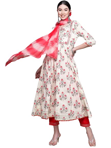 anubhutee Women's Cotton White Floral Embroidered A-Line Kurta Suit Set With Pants And Dupatta