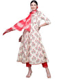 anubhutee Women's Cotton White Floral Embroidered A-Line Kurta Suit Set With Pants And Dupatta