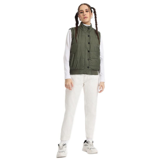 Bewakoof Womens Solid Regular Fit Sleeveless Stand Collar Nylon Jacket
