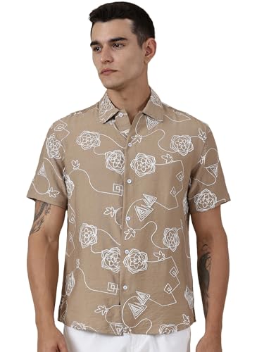 Thomas Scott Oversized Fit| 100% Cotton | Spread Collar | Short Sleeve | Embrodiered | Shirts for Men Beige