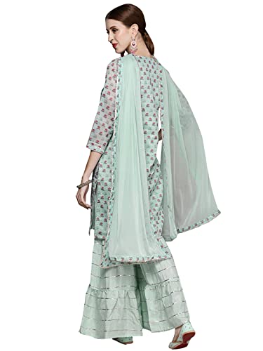 ishin Women's Pink Yoke Design Straight Kurta set With Trouser and Dupatta