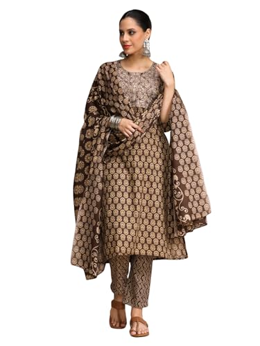 Varanga Brown Ethnic Jaipuri Printed Thread Embroidered Kurta With Trouser & Dupatta