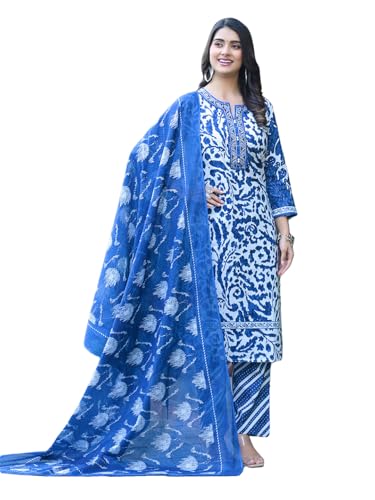 Varanga Women Blue Floral Printed Thread Embroidered Cotton Kurta With Trouser & Dupatta