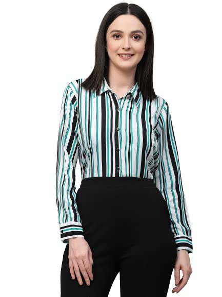 Style Quotient Women White and Green Stripe Polyester Regular Smart Casual Shirt