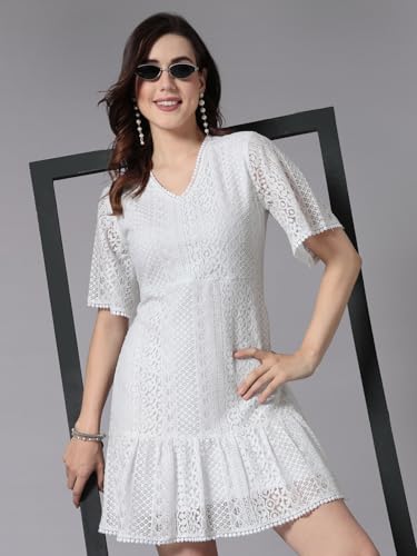 Style Quotient Women Smart Casual White Knee-Length Lace Dress