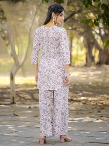 Pinkmint Pure Cotton Co Ord Set for Women l 3/4 Sleeve Printed Comfortable & Stylish Trendy Top & Bottom Matching Set White