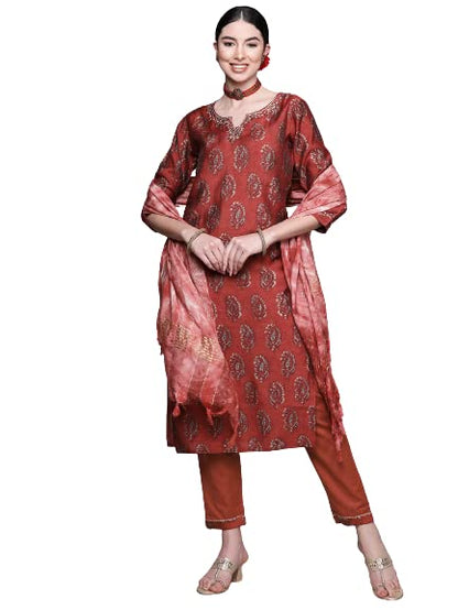 anubhutee Women's Cotton Maroon Ethnic Motifs Printed Straight Kurta Suit Set With Pants And Dupatta