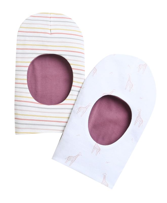 BUMZEE White & Mauve Girls Cotton Reversible Monkey Cap Pack of 2 Age - 0-6 Months (Peb9538A-wht.muv)