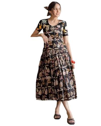 Gosriki WomenS Rayon Charm Black Cotton Printed Long Maxi Dress (Sartari Black-Vks01-Gs_S_Black_Small)
