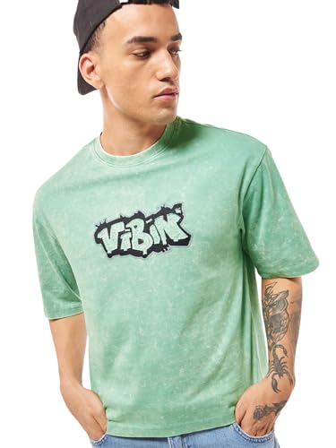 Bewakoof Mens Graphic Print Oversized Fit Half Sleeve Round Neck Pure Cotton Acid Wash T-Shirt_635550_Green_M