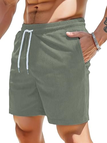 AVANOVA Mens Olive Green Solid Color Loose Fit Drawstring Short with Pockets, Casual Patch Pocket Waist Letter Print Shorts (Sh