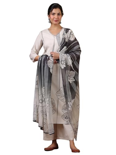 Varanga Women V Neck Sequin Hand Embroidered Floral Printed Kurta With Trouser & Printed Dupatta