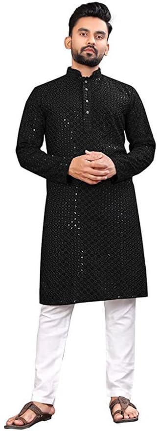 LookMark Present Mens Pure Rayon Chikankari Sequins Kurta||Mens Chikankari Black Coloured Kurta|| AZ-LM-OG-Kurta 11 Black-M