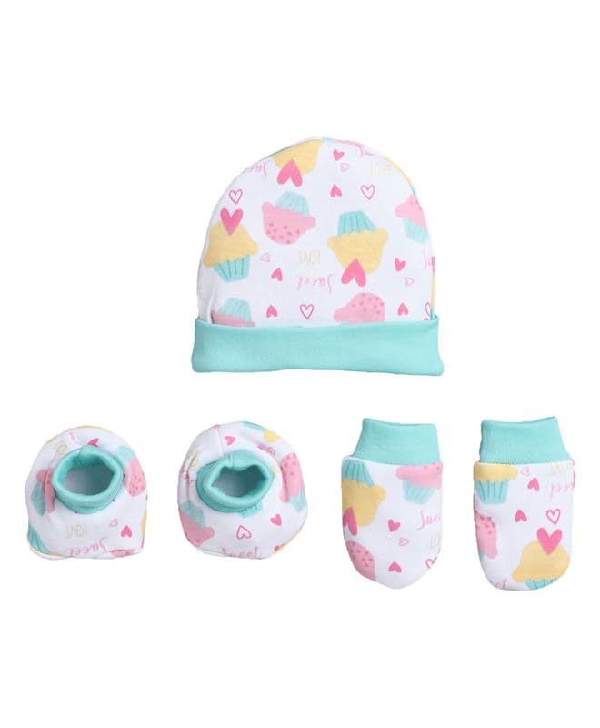 BUMZEE Boys Cotton Cap Mitten Bootie White & Mint - 0-3 Months (Peb11053-wht)